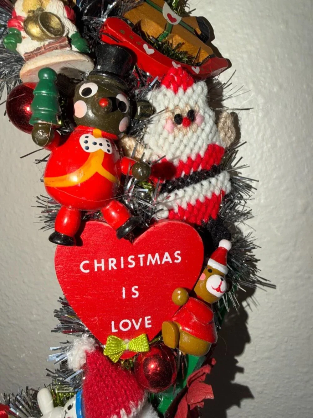 Christmas Wreath handmade w/ Vintage Wooden, Porcelain and Stitched Ornaments